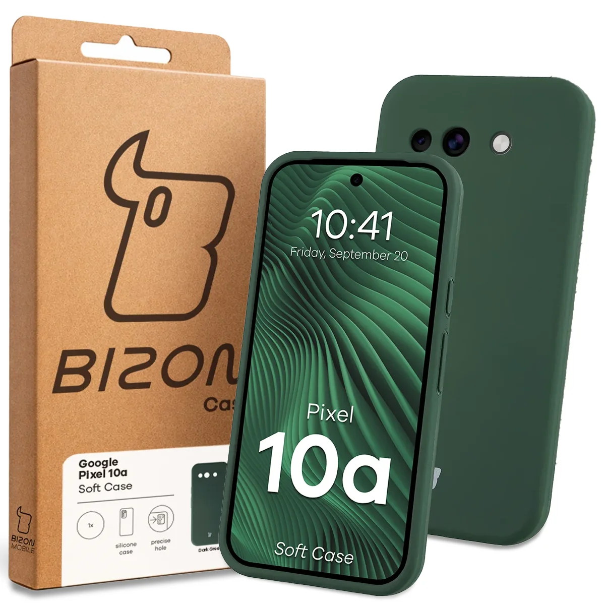 Przód pudełka Bizon Case z dedykowaną etykietą do Google Pixel 10a