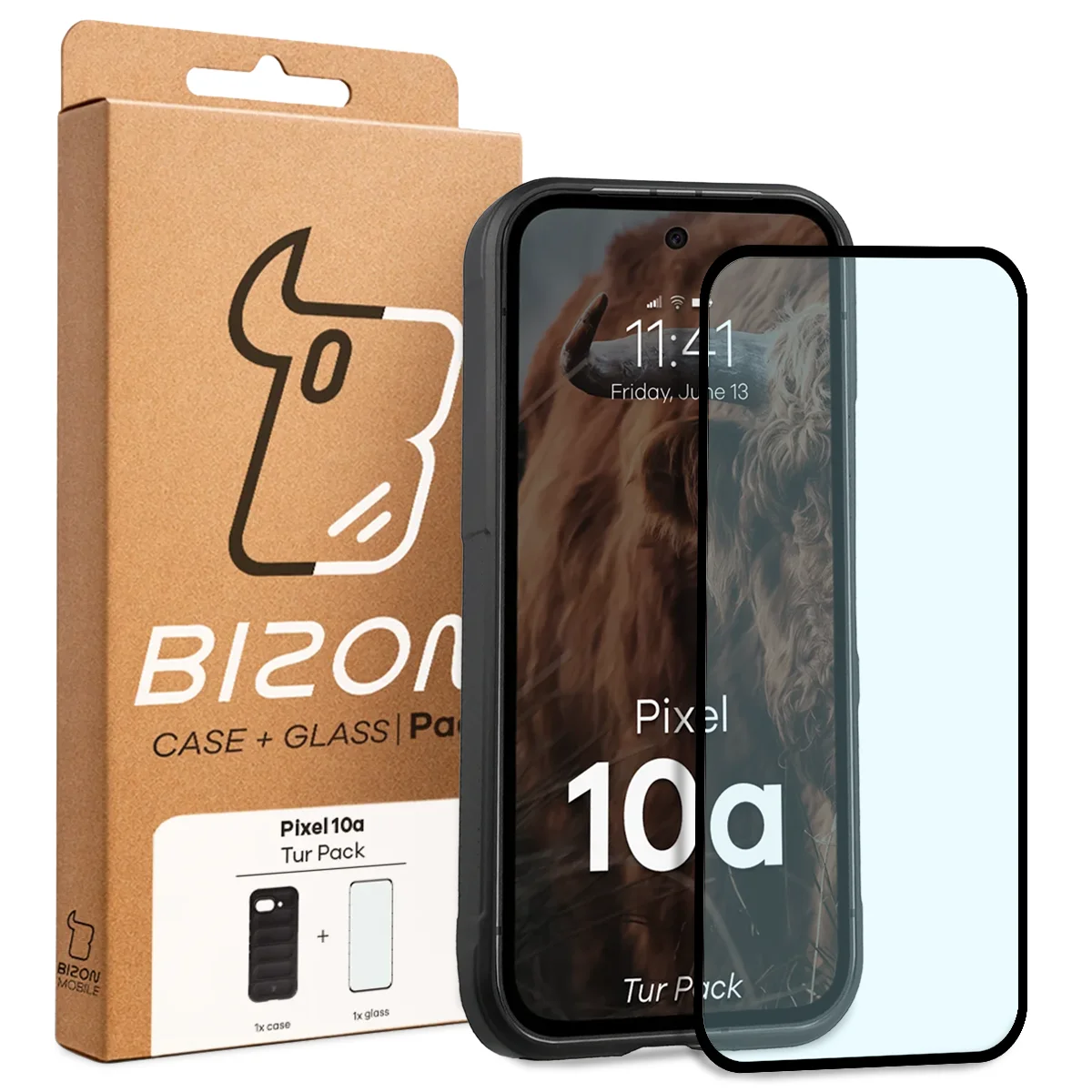 Przód pudełka Bizon Tur Pack z dedykowaną etykietą do Google Pixel 10a