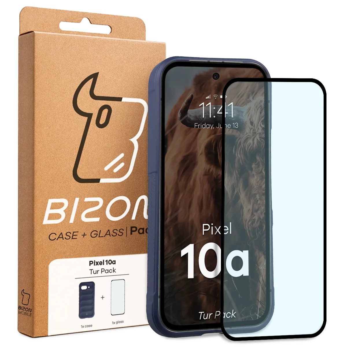 Przód pudełka Bizon Tur Pack z dedykowaną etykietą do Google Pixel 10a