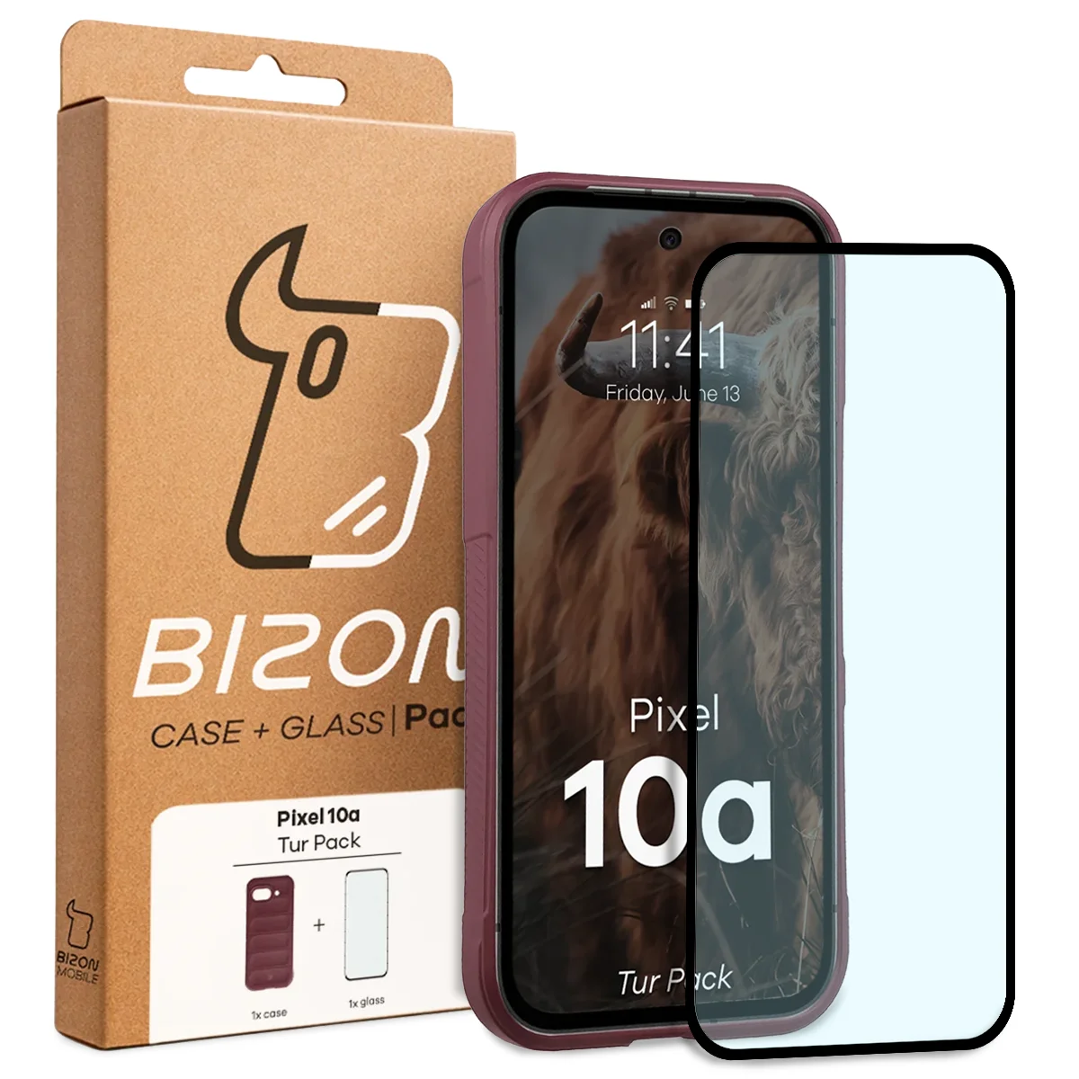 Przód pudełka Bizon Tur Pack z dedykowaną etykietą do Google Pixel 10a