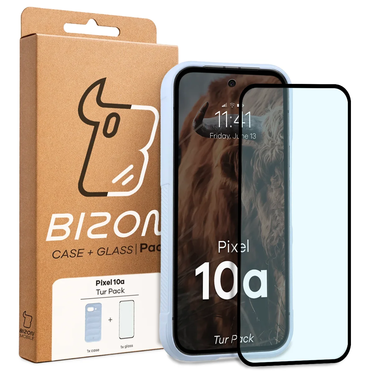 Przód pudełka Bizon Tur Pack z dedykowaną etykietą do Google Pixel 10a