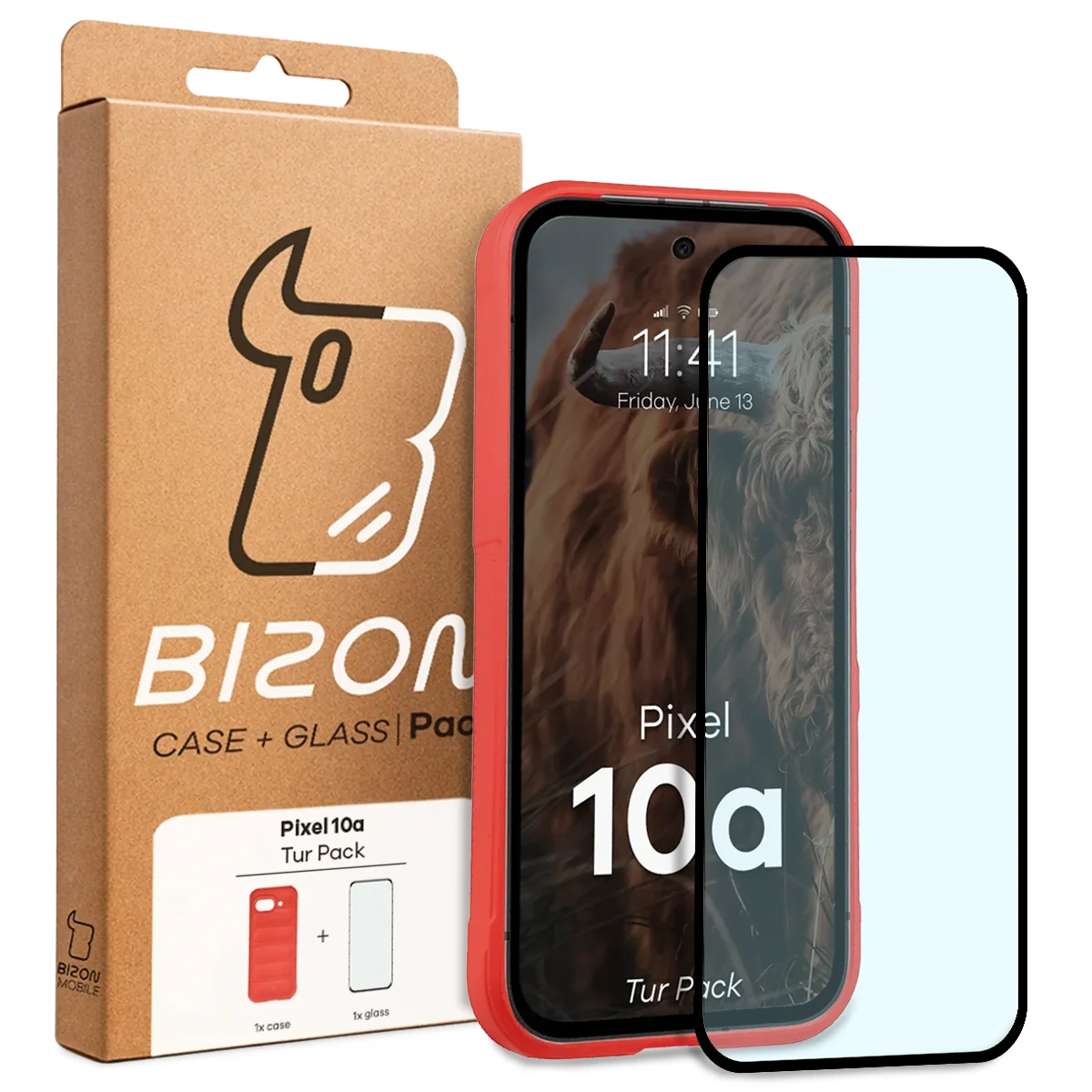 Przód pudełka Bizon Tur Pack z dedykowaną etykietą do Google Pixel 10a