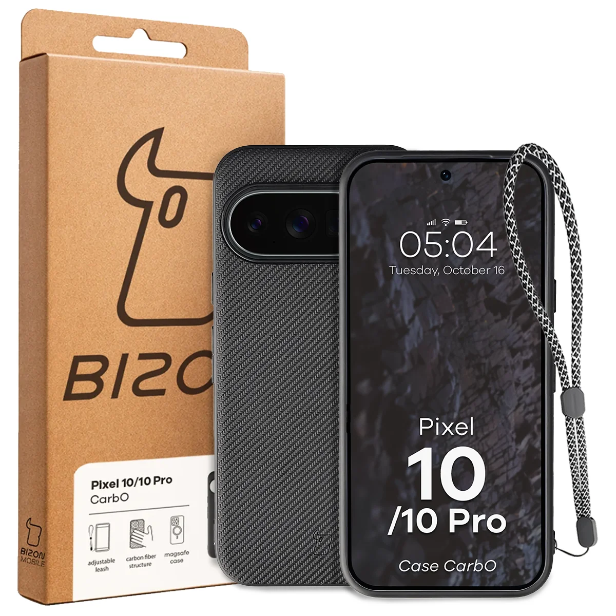 Przód pudełka Bizon Case z dedykowaną etykietą do Google Pixel 10 / Google Pixel 10 Pro
