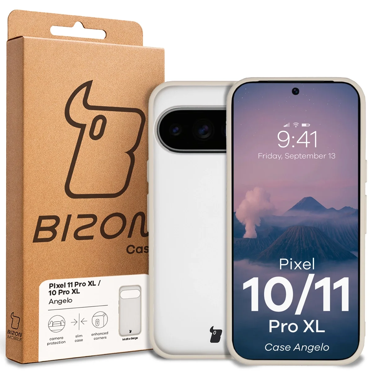 Przód pudełka Bizon Case z dedykowaną etykietą do Google Pixel 11 Pro XL / 10 Pro XL