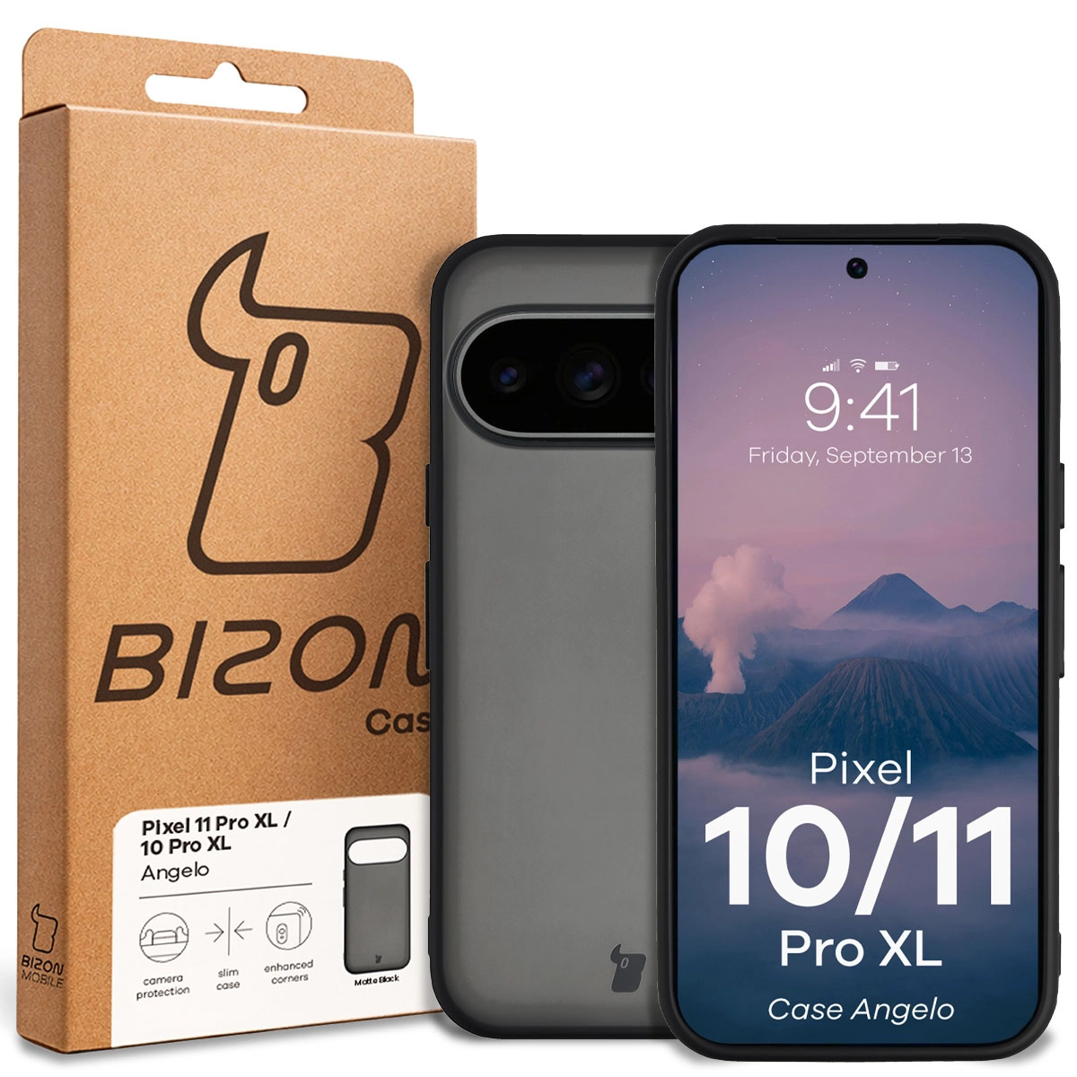 Przód pudełka Bizon Case z dedykowaną etykietą do Google Pixel 11 Pro XL / 10 Pro XL