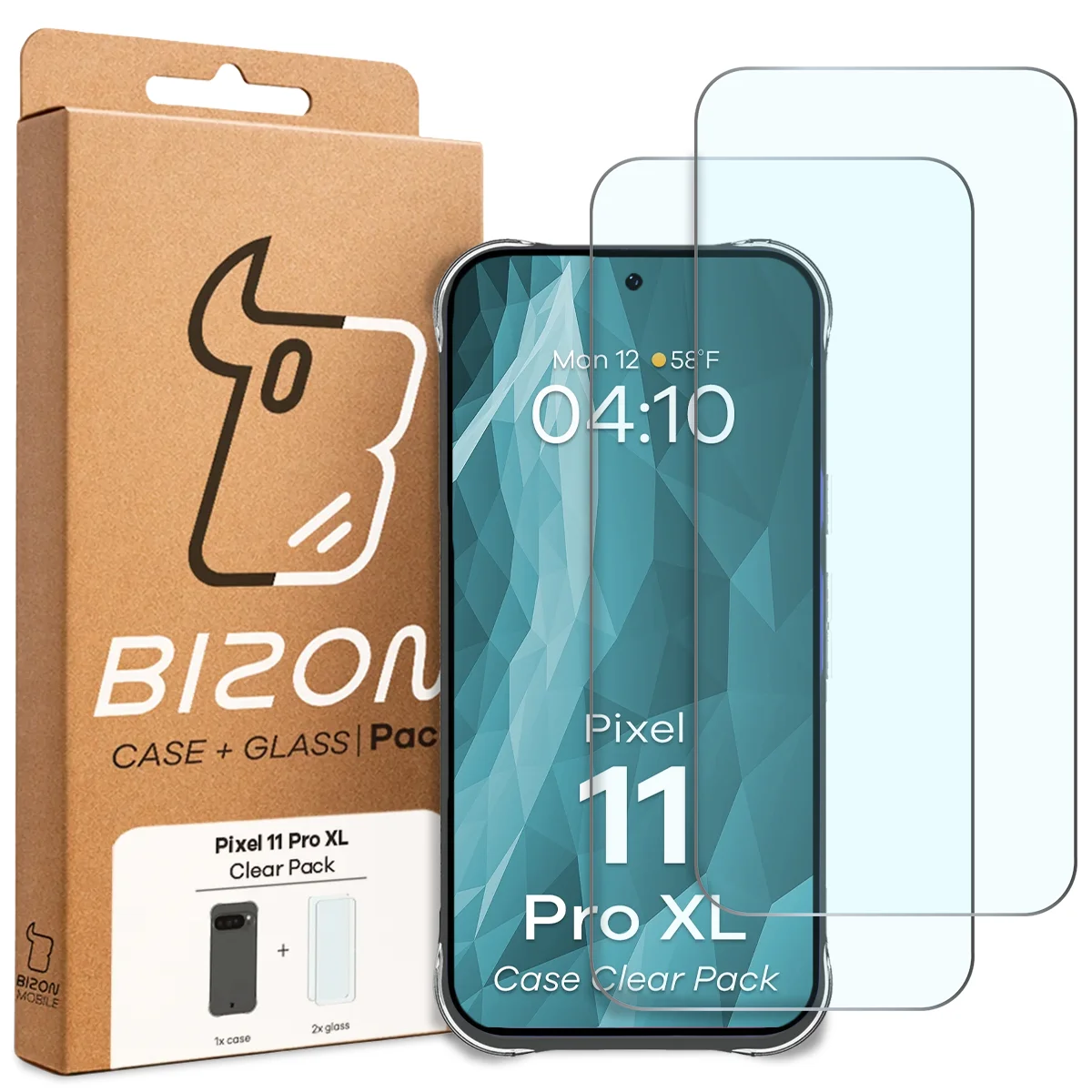 Przód pudełka Bizon Case+Glass z dedykowaną etykietą do Google Pixel 11 Pro XL