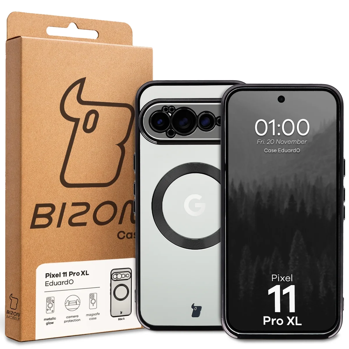 Przód pudełka Bizon Case z dedykowaną etykietą do Google Pixel 11 Pro XL