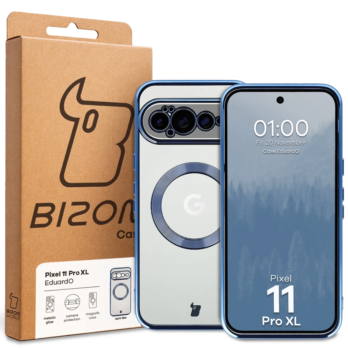Przód pudełka Bizon Case z dedykowaną etykietą do Google Pixel 11 Pro XL