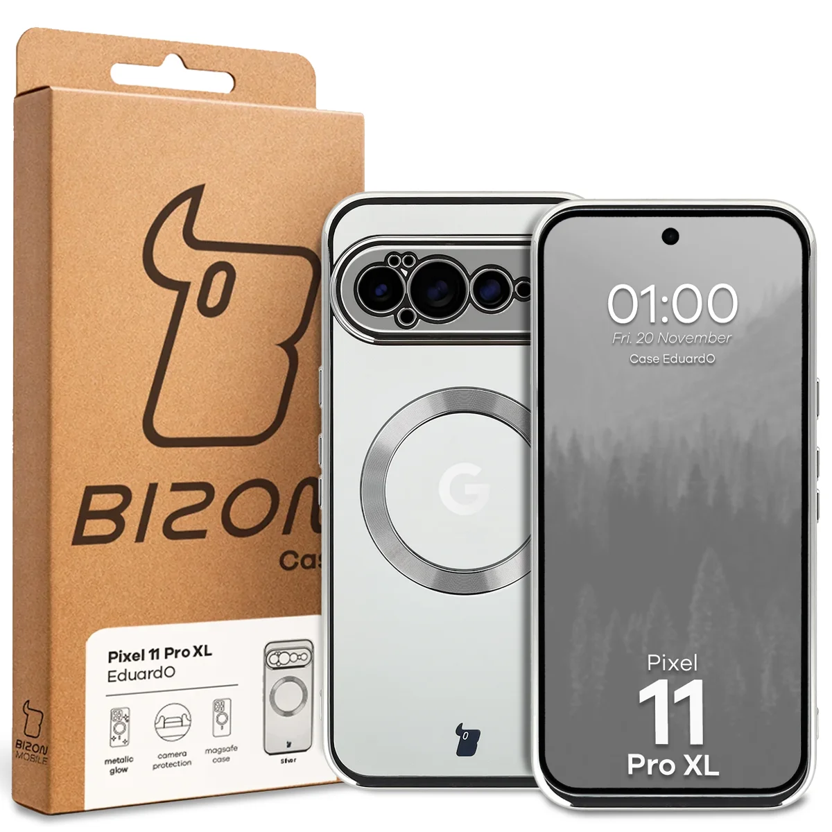 Przód pudełka Bizon Case z dedykowaną etykietą do Google Pixel 11 Pro XL