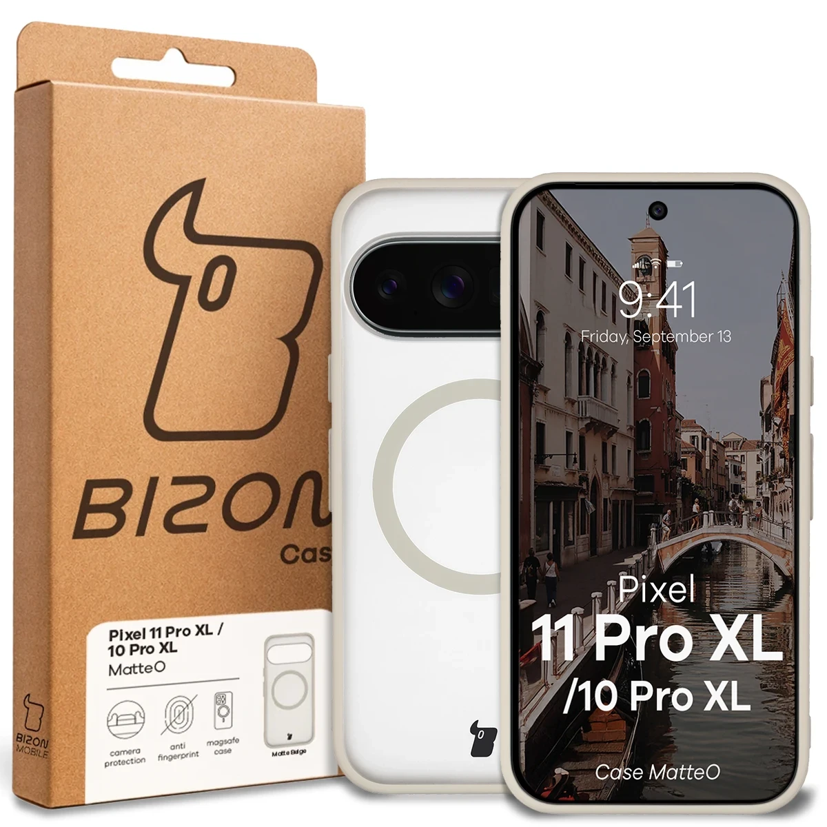 Przód pudełka Bizon Case z dedykowaną etykietą do Google Pixel 11 Pro XL / 10 Pro XL