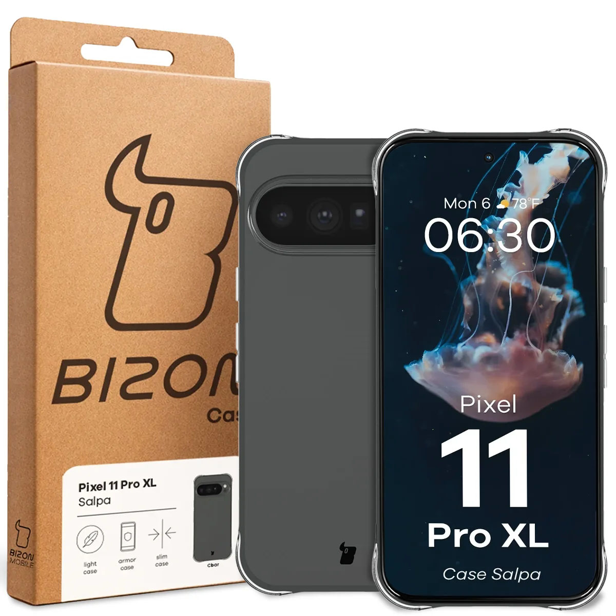 Przód pudełka Bizon Case z dedykowaną etykietą do Google Pixel 11 Pro XL