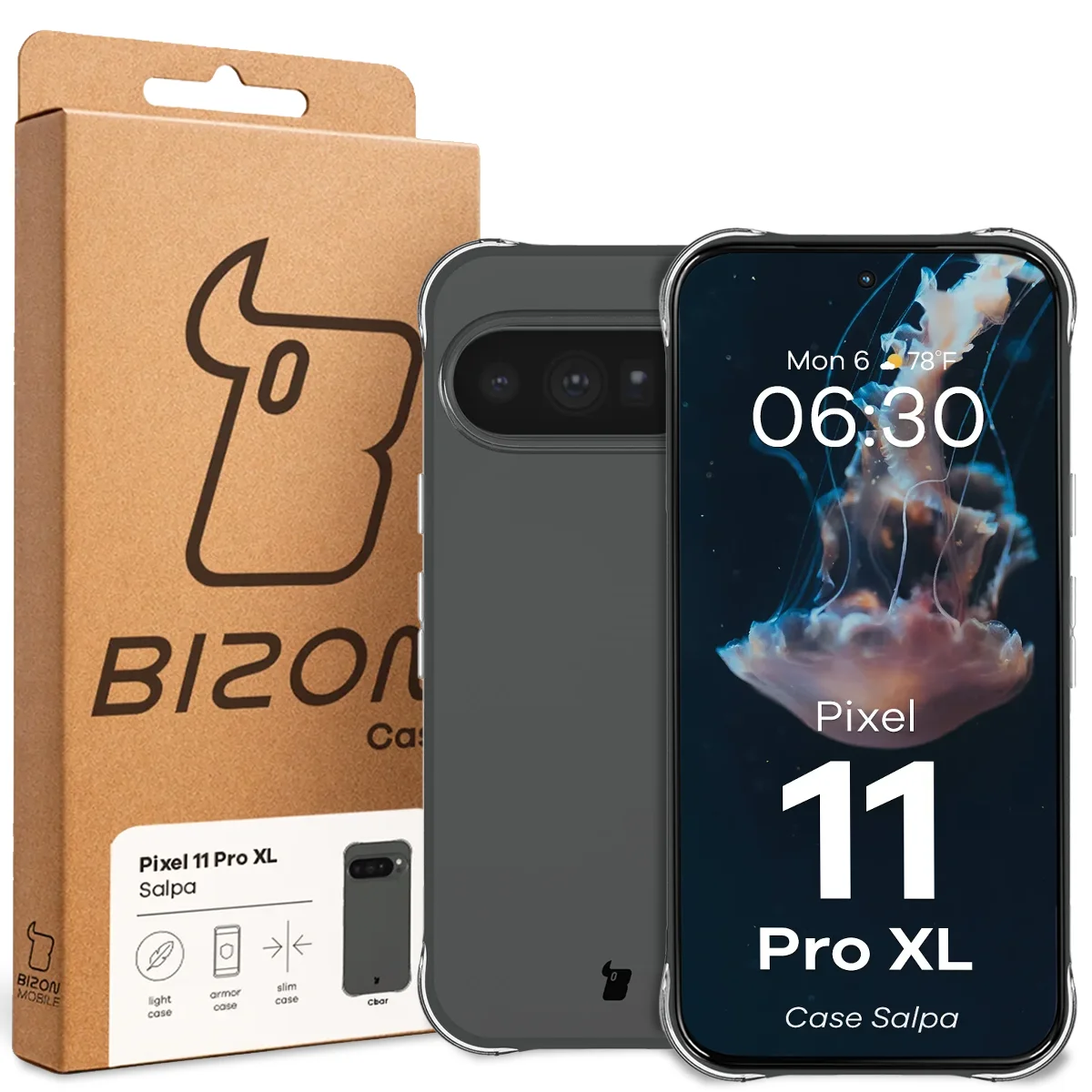 Przód pudełka Bizon Case z dedykowaną etykietą do Google Pixel 11 Pro XL