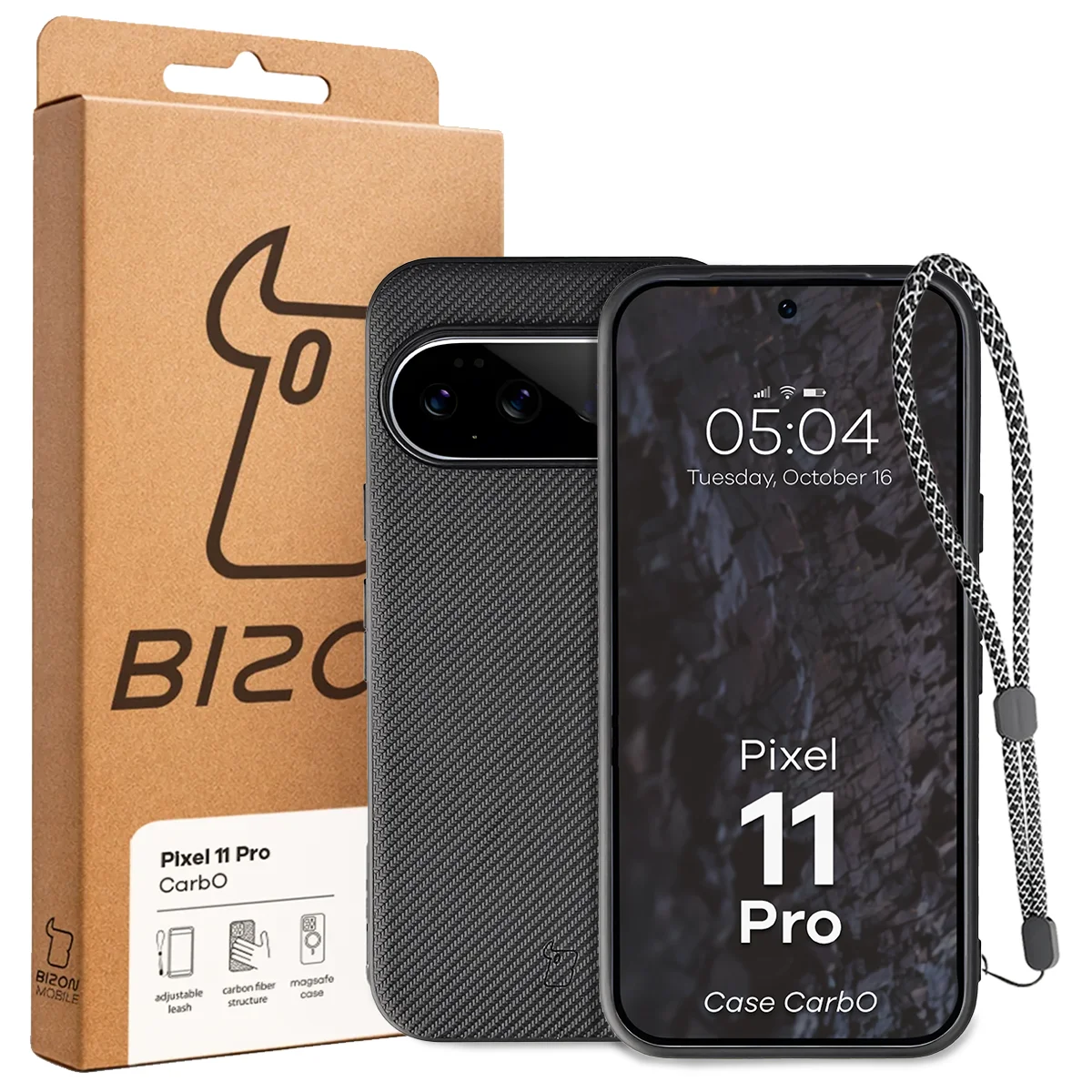Przód pudełka Bizon Case z dedykowaną etykietą do Google Pixel 11 Pro