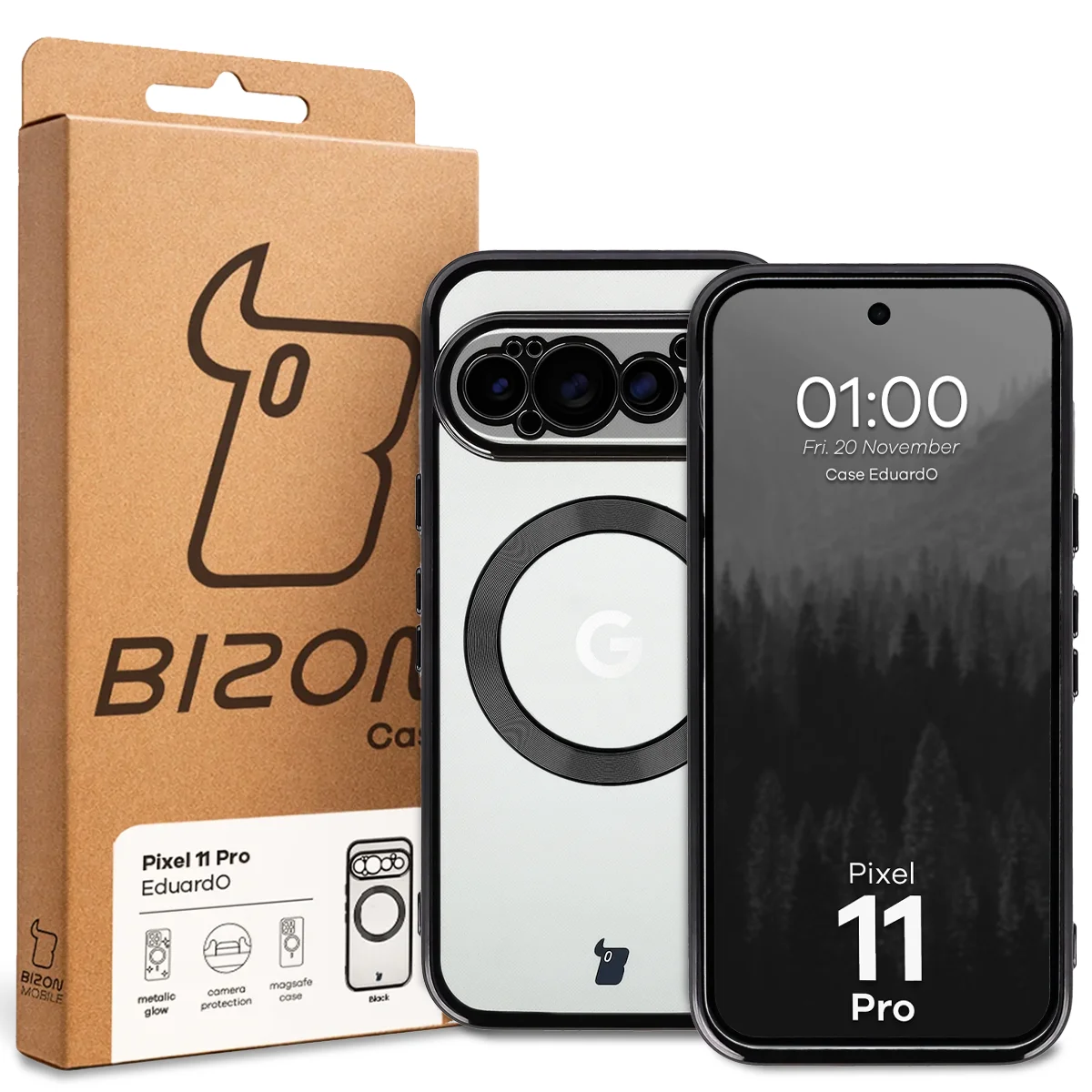 Przód pudełka Bizon Case z dedykowaną etykietą do Google Pixel 11 Pro