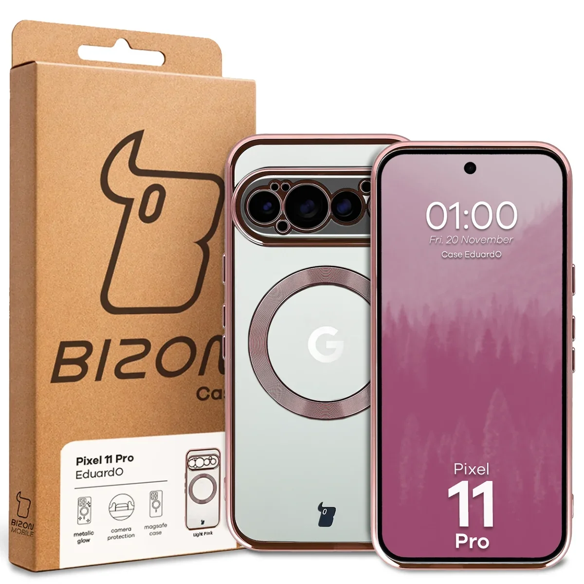 Przód pudełka Bizon Case z dedykowaną etykietą do Google Pixel 11 Pro
