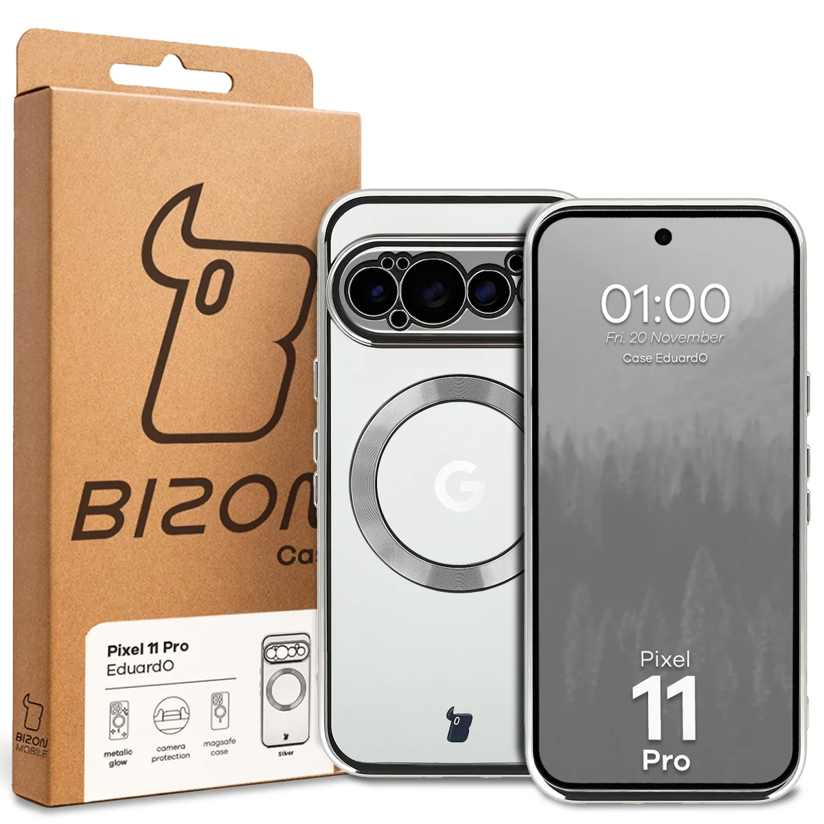 Przód pudełka Bizon Case z dedykowaną etykietą do Google Pixel 11 Pro