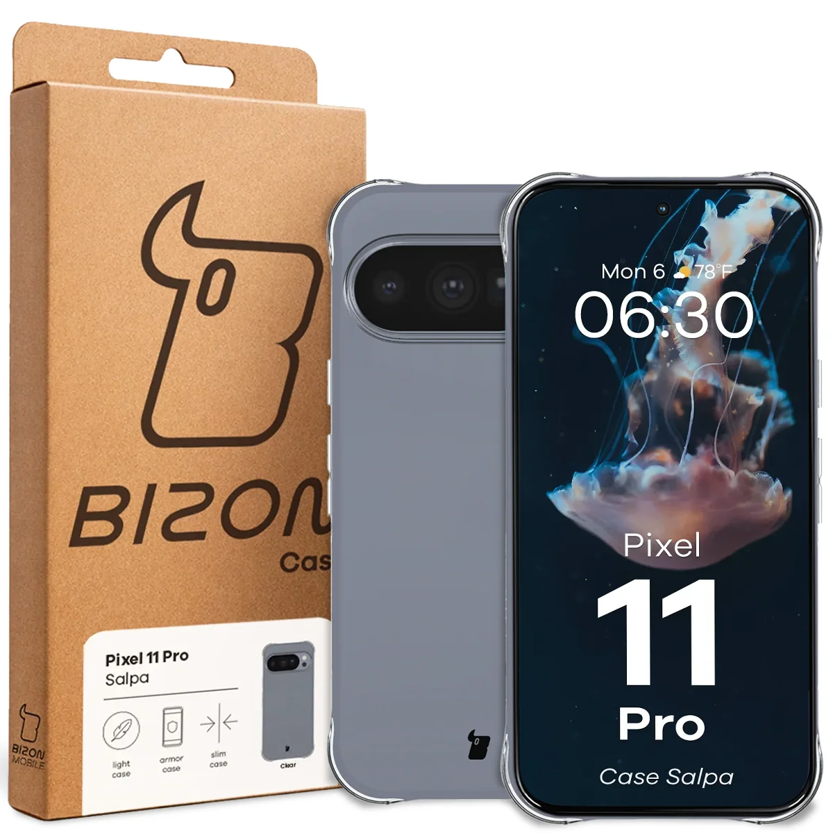 Przód pudełka Bizon Case z dedykowaną etykietą do Google Pixel 11 Pro