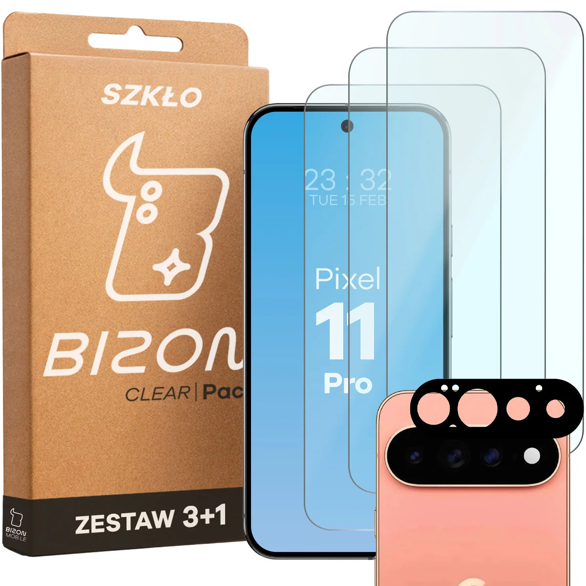 Pudełko i zestaw szkieł do Google Pixel 11 Pro: 3x szkło hartowane i lens