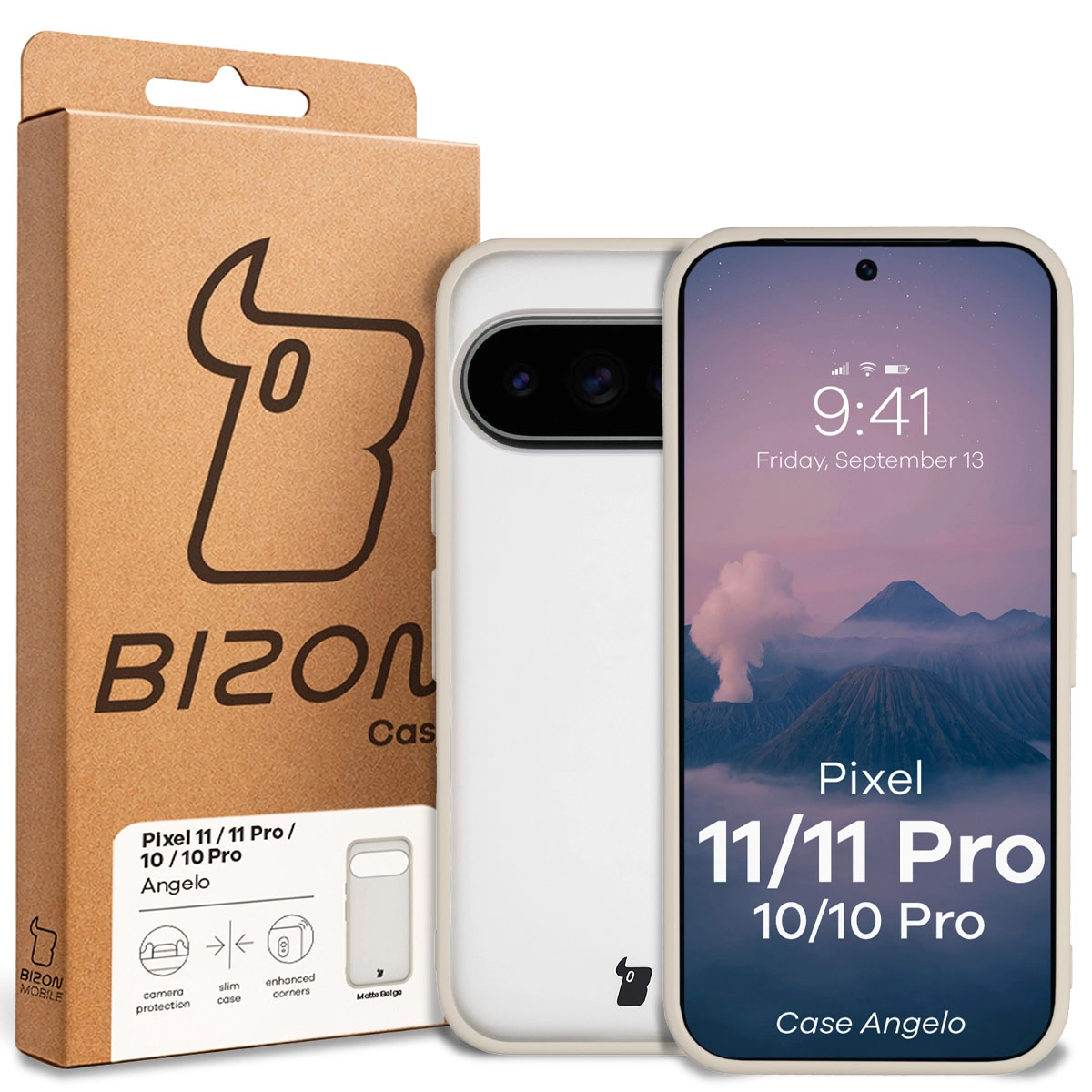 Przód pudełka Bizon Case z dedykowaną etykietą do Google Pixel 11 / 11Pro / 10 / 10 Pro