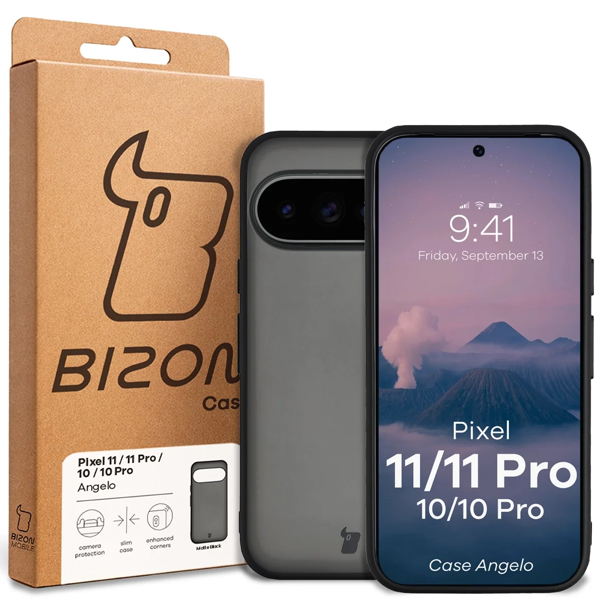 Przód pudełka Bizon Case z dedykowaną etykietą do Google Pixel 11 / 11Pro / 10 / 10 Pro