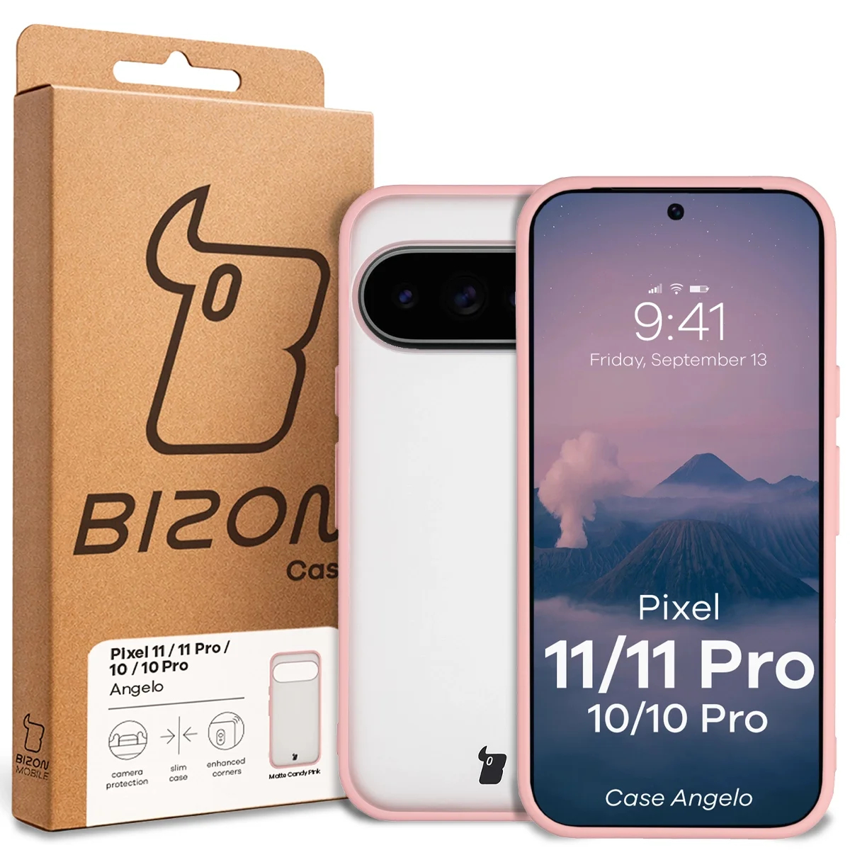 Przód pudełka Bizon Case z dedykowaną etykietą do Google Pixel 11 / 11Pro / 10 / 10 Pro