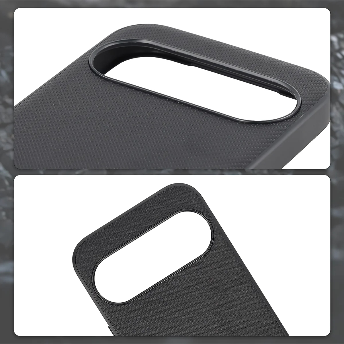 Podniesione krawędzie aparatu i wycięcie na aparat w etui Bizon Case CarbO do Google Pixel 11