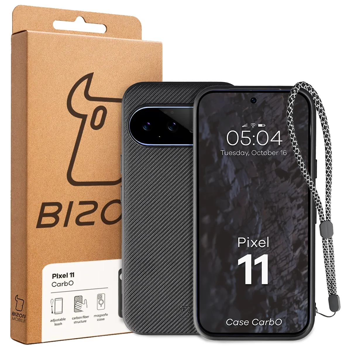 Przód pudełka Bizon Case z dedykowaną etykietą do Google Pixel 11