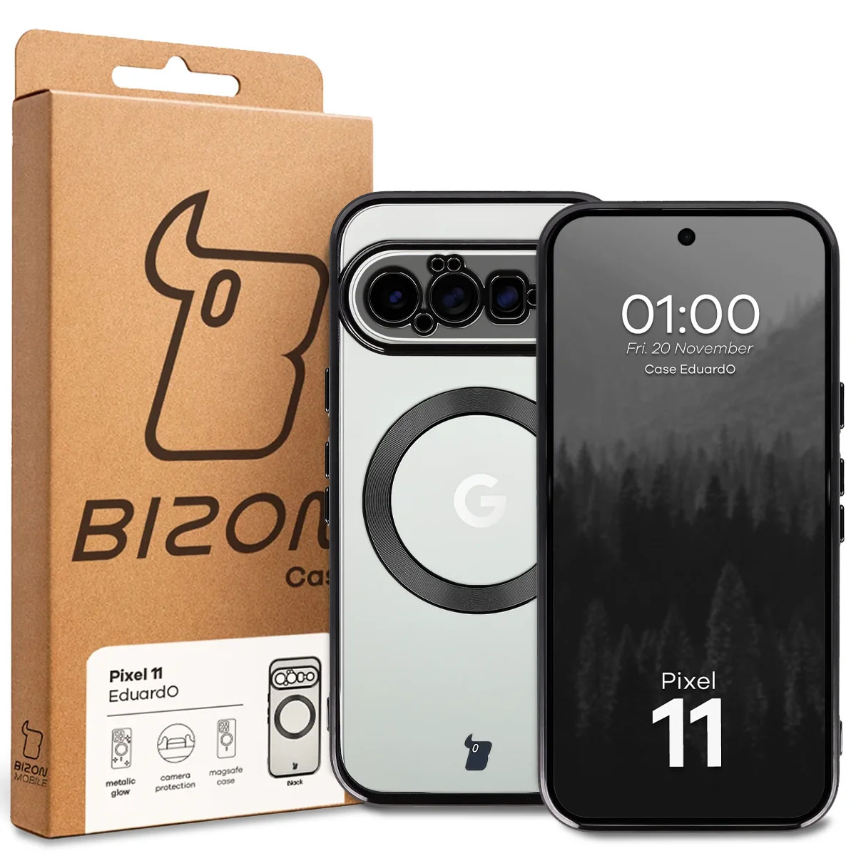 Przód pudełka Bizon Case z dedykowaną etykietą do Google Pixel 11