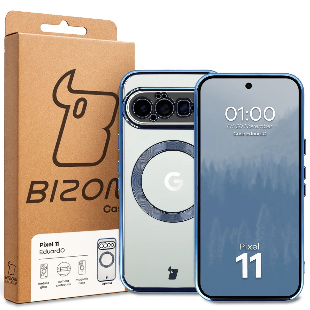 Przód pudełka Bizon Case z dedykowaną etykietą do Google Pixel 11