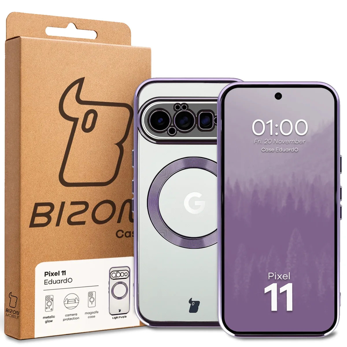 Przód pudełka Bizon Case z dedykowaną etykietą do Google Pixel 11