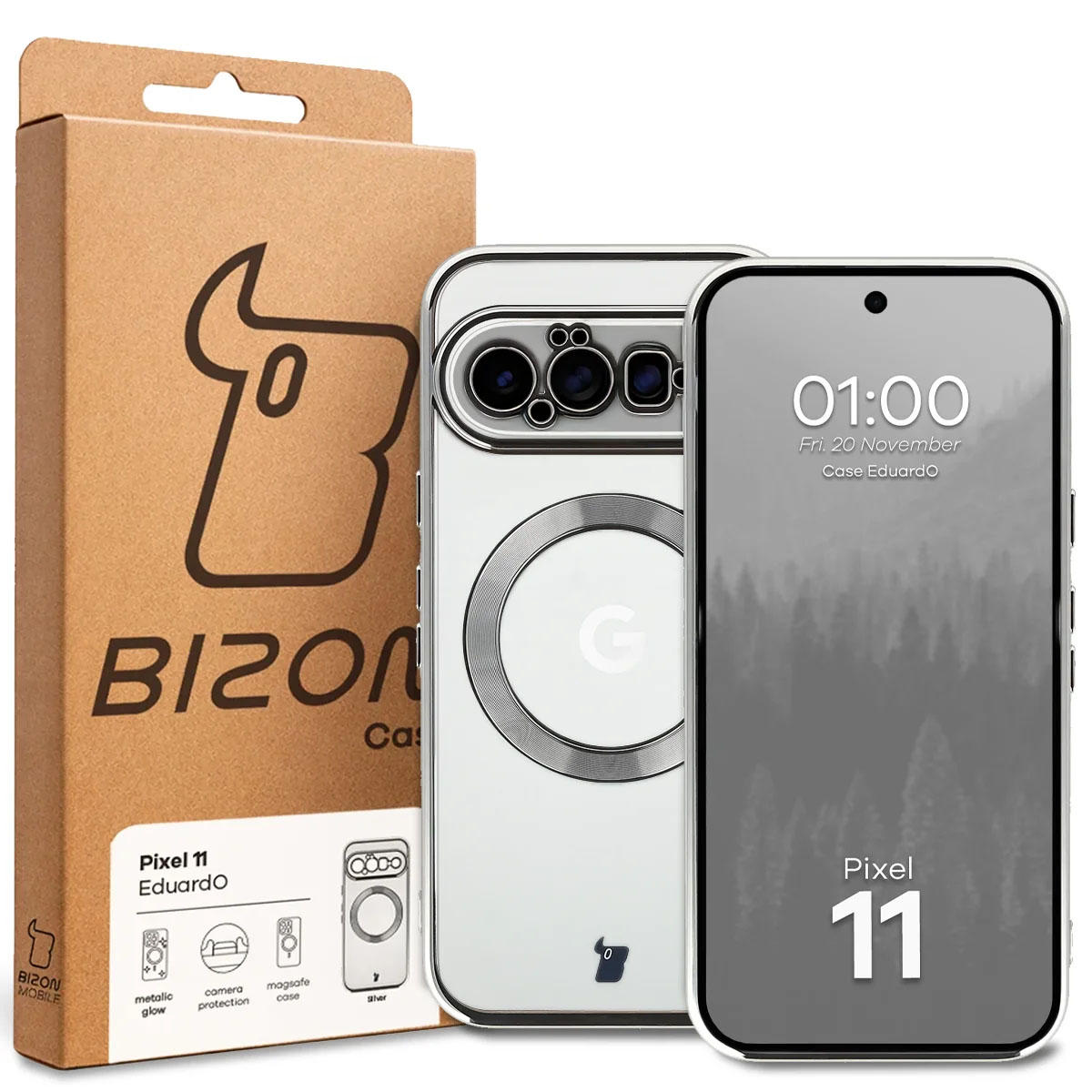 Przód pudełka Bizon Case z dedykowaną etykietą do Google Pixel 11