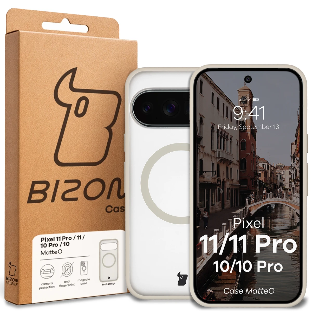 Przód pudełka Bizon Case z dedykowaną etykietą do Google Pixel 11 / 11Pro / 10 / 10 Pro
