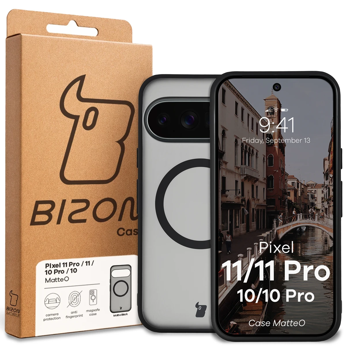 Przód pudełka Bizon Case z dedykowaną etykietą do Google Pixel 11 / 11Pro / 10 / 10 Pro