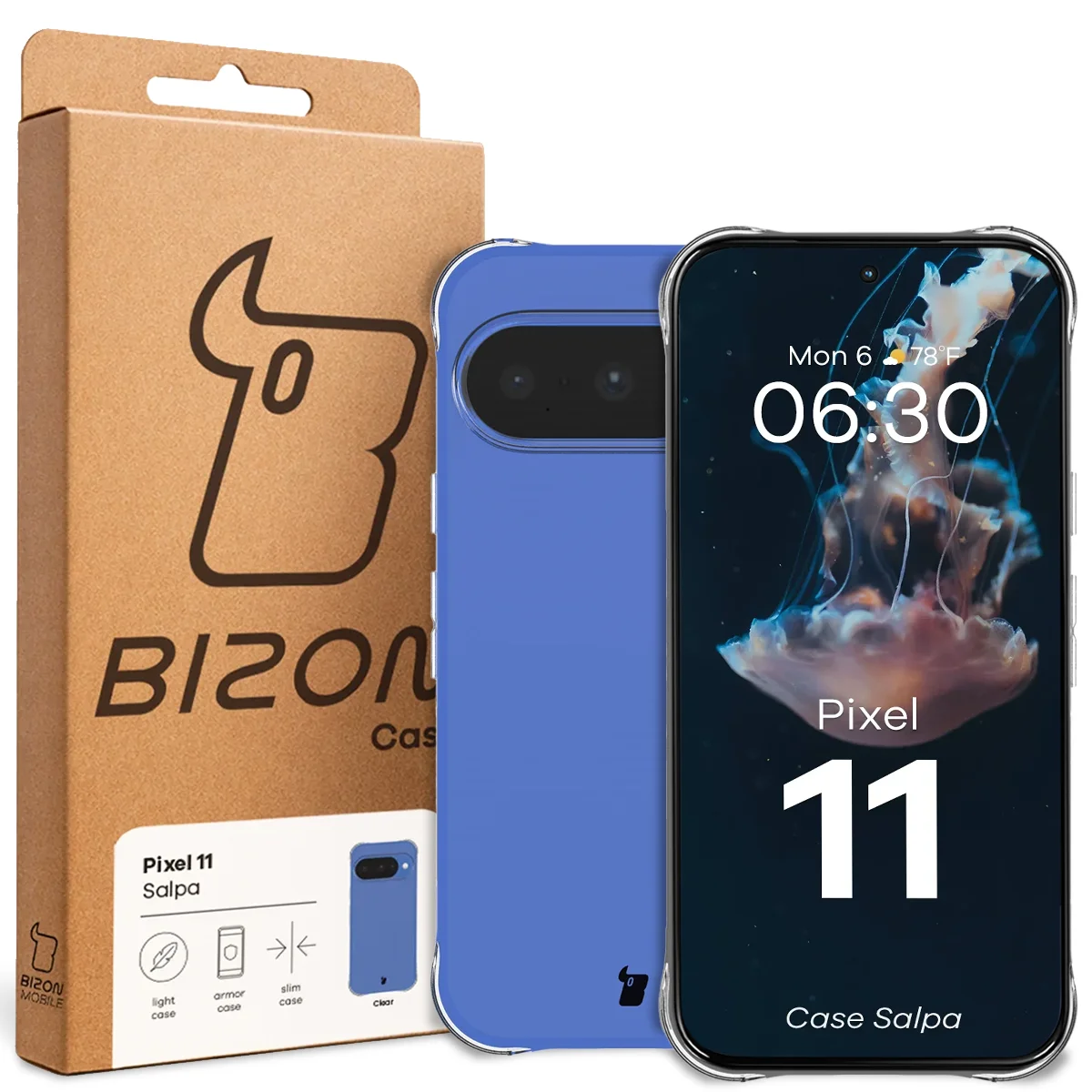 Przód pudełka Bizon Case z dedykowaną etykietą do Google Pixel 11