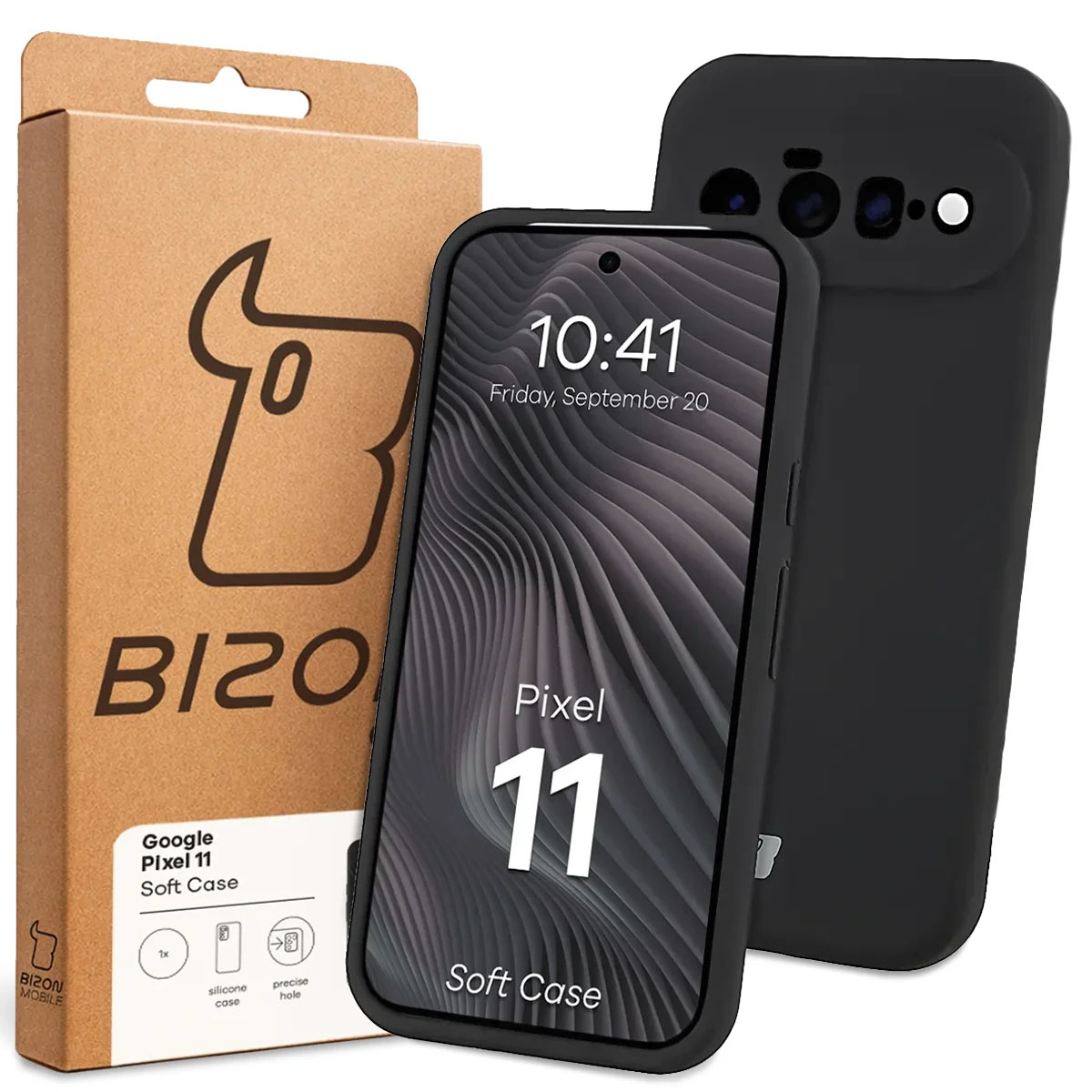 Przód pudełka Bizon Case z dedykowaną etykietą do Google Pixel 11