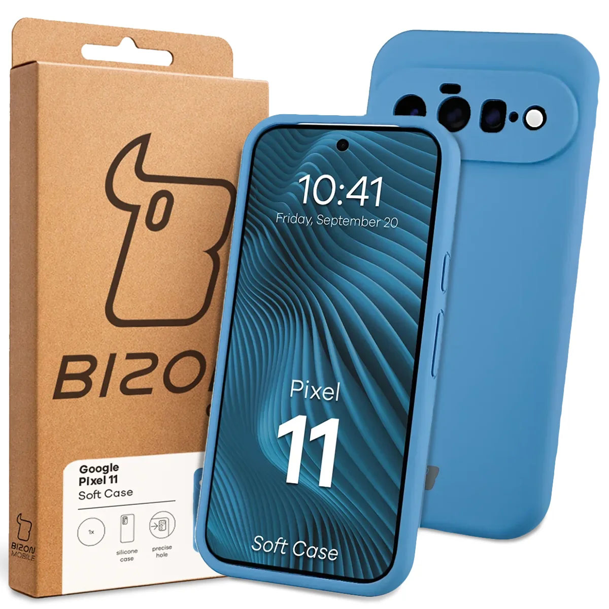 Przód pudełka Bizon Case z dedykowaną etykietą do Google Pixel 11