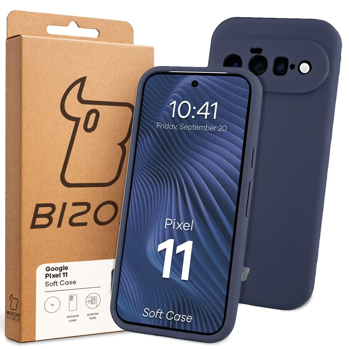 Przód pudełka Bizon Case z dedykowaną etykietą do Google Pixel 11