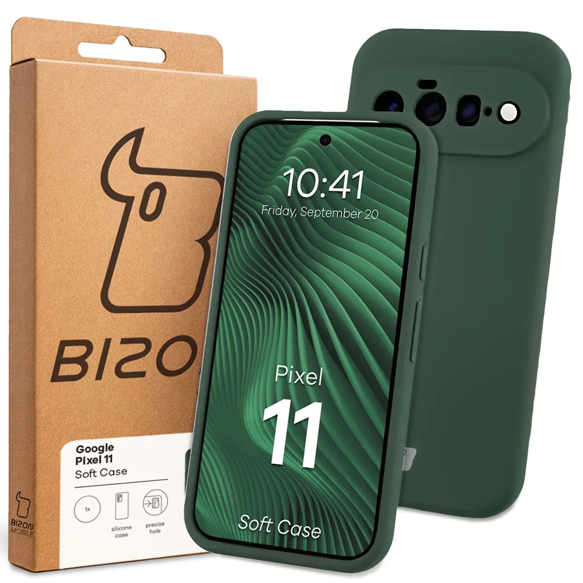 Przód pudełka Bizon Case z dedykowaną etykietą do Google Pixel 11