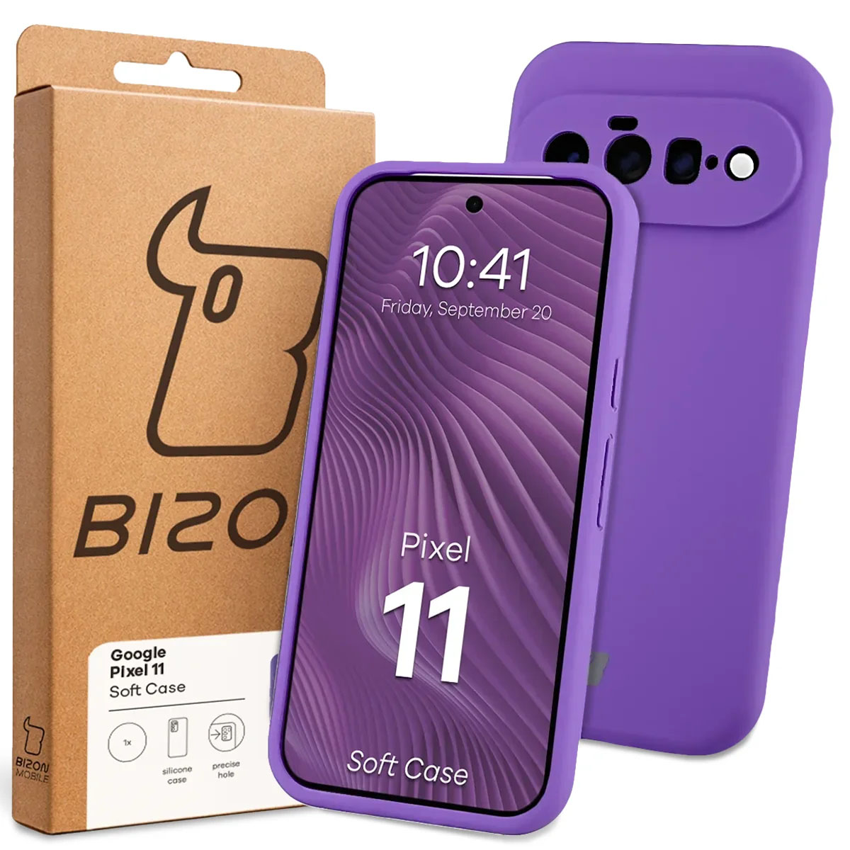 Przód pudełka Bizon Case z dedykowaną etykietą do Google Pixel 11