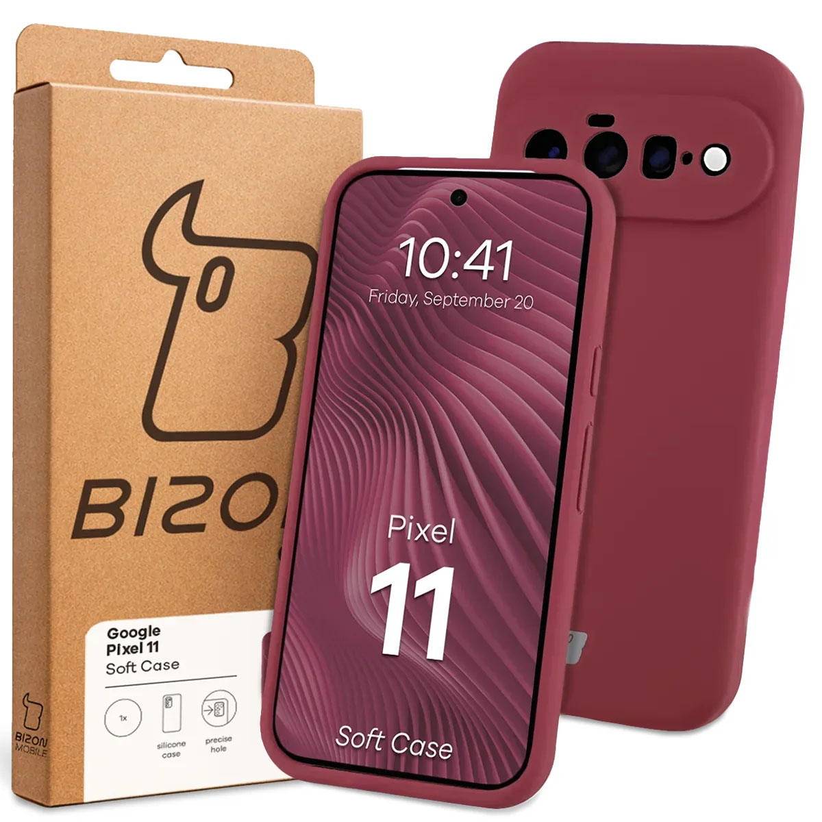 Przód pudełka Bizon Case z dedykowaną etykietą do Google Pixel 11