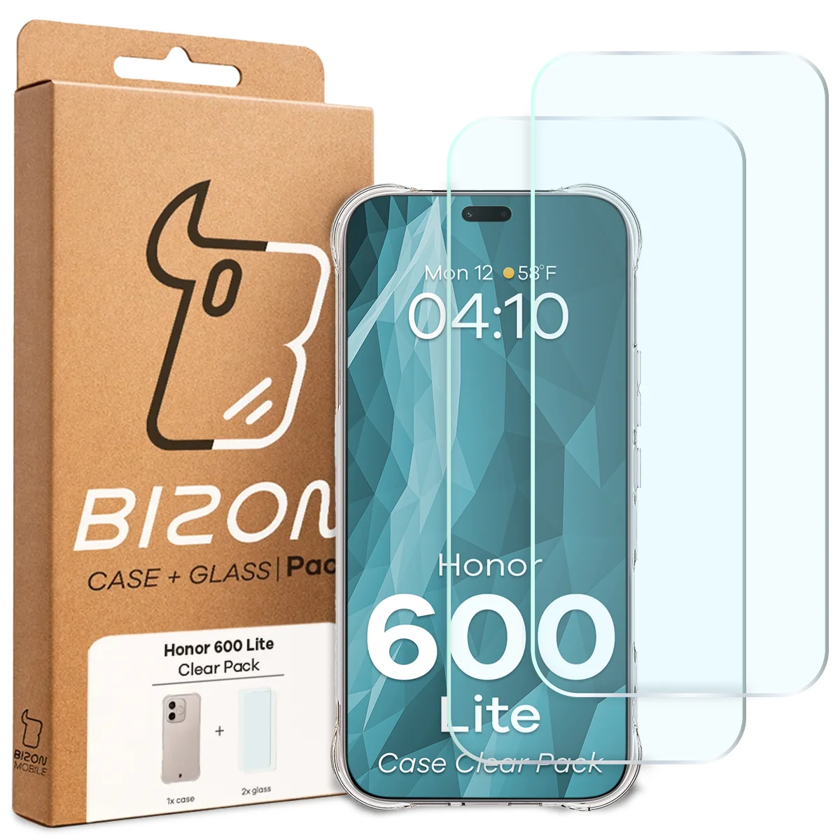 Przód pudełka Bizon Case+Glass z dedykowaną etykietą do Honor 600 Lite 5G