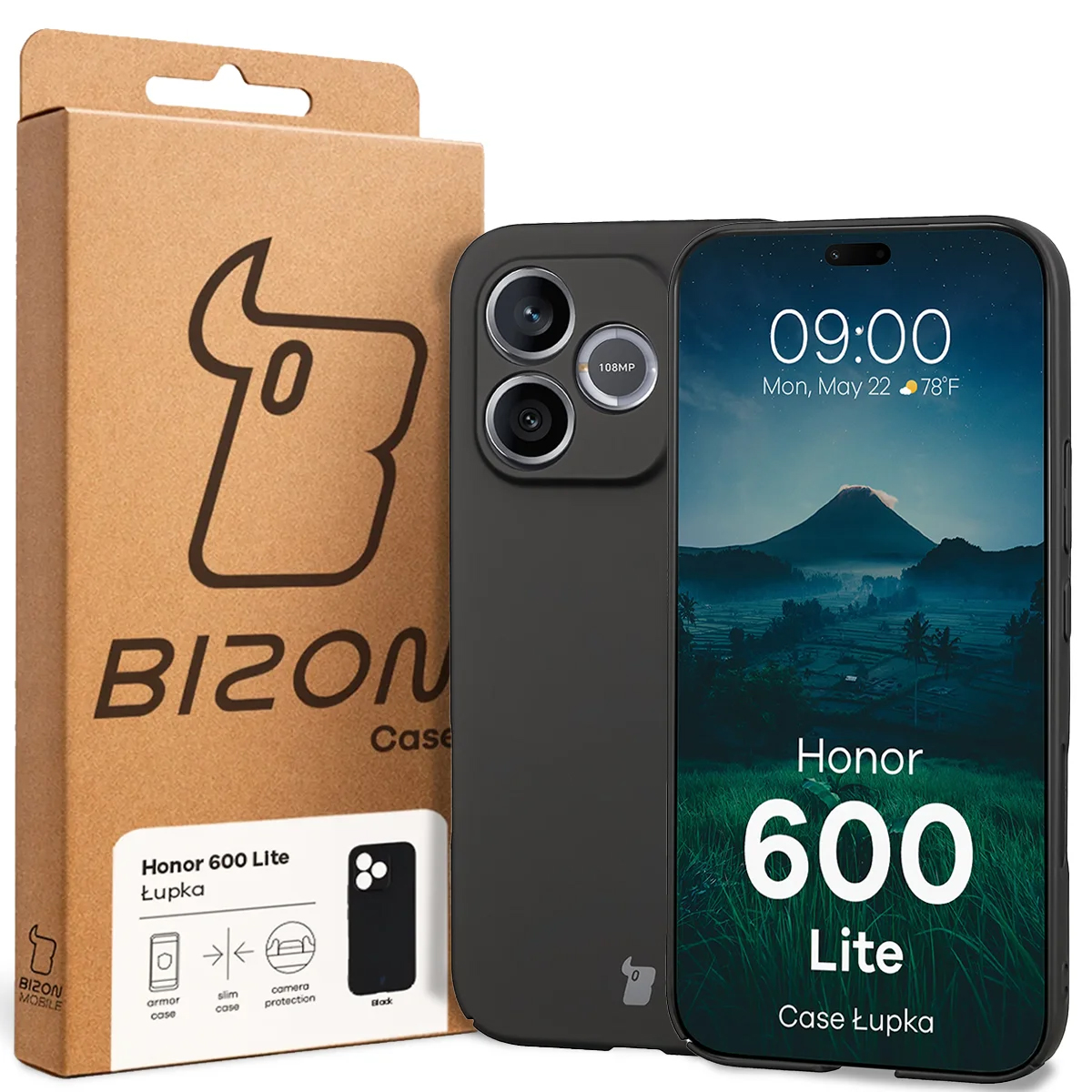 Przód pudełka Bizon Case z dedykowaną etykietą do Honor 600 Lite 5G