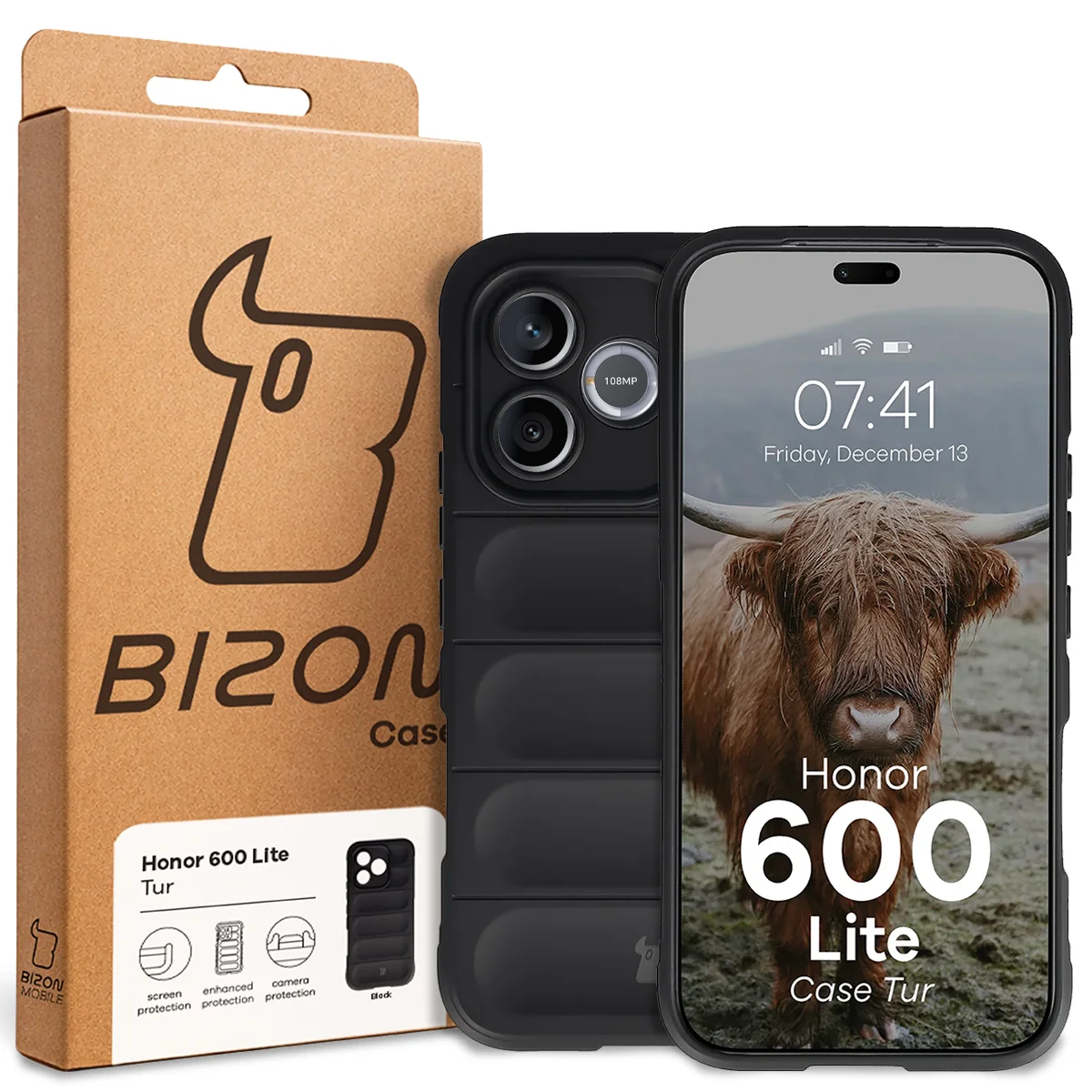 Przód pudełka Bizon Case z dedykowaną etykietą do Honor 600 Lite 5G