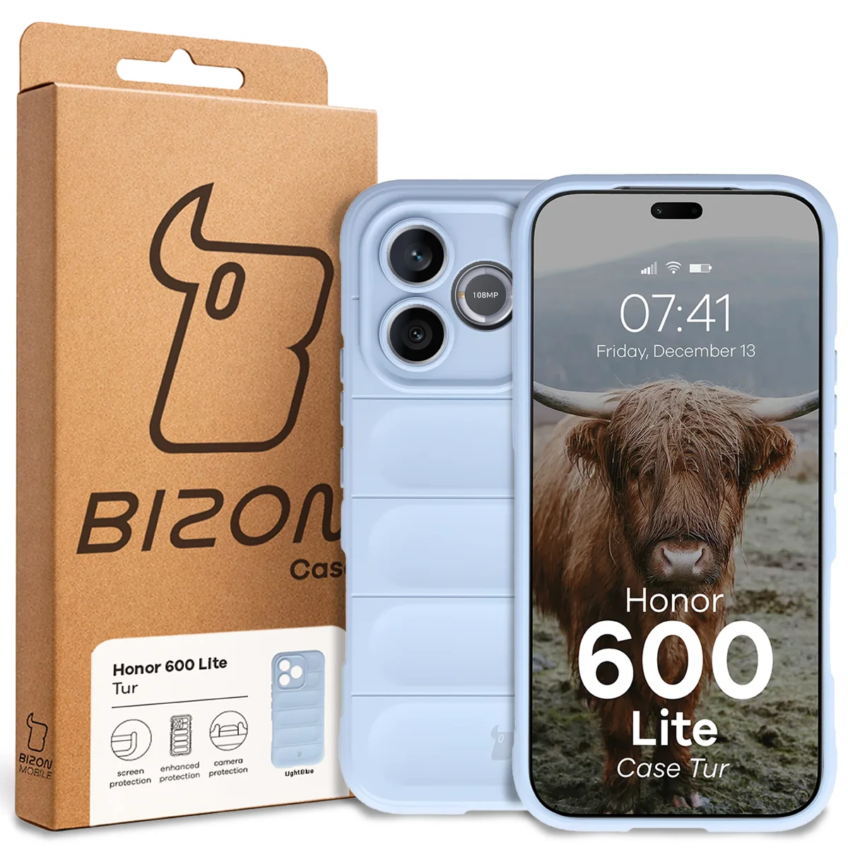 Przód pudełka Bizon Case z dedykowaną etykietą do Honor 600 Lite 5G