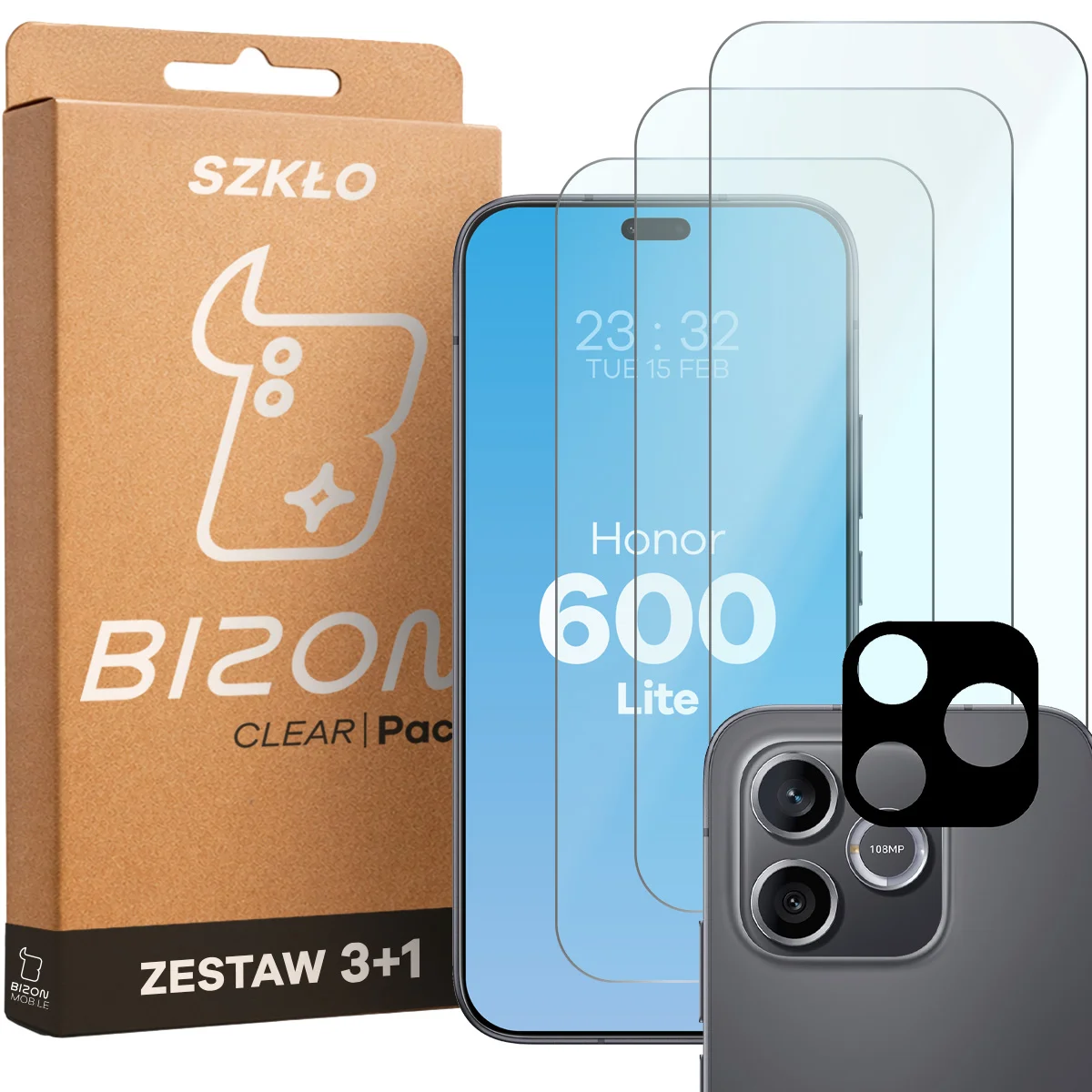 Pudełko i zestaw szkieł do Honor 600 Lite 5G: 3x szkło hartowane i lens