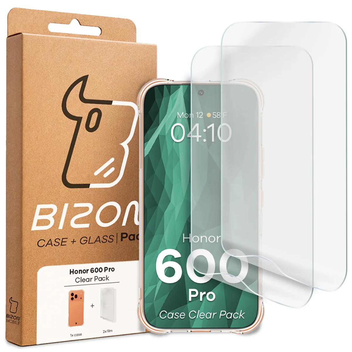 Przód pudełka Bizon Case+Glass z dedykowaną etykietą do Honor 600 Pro 5G