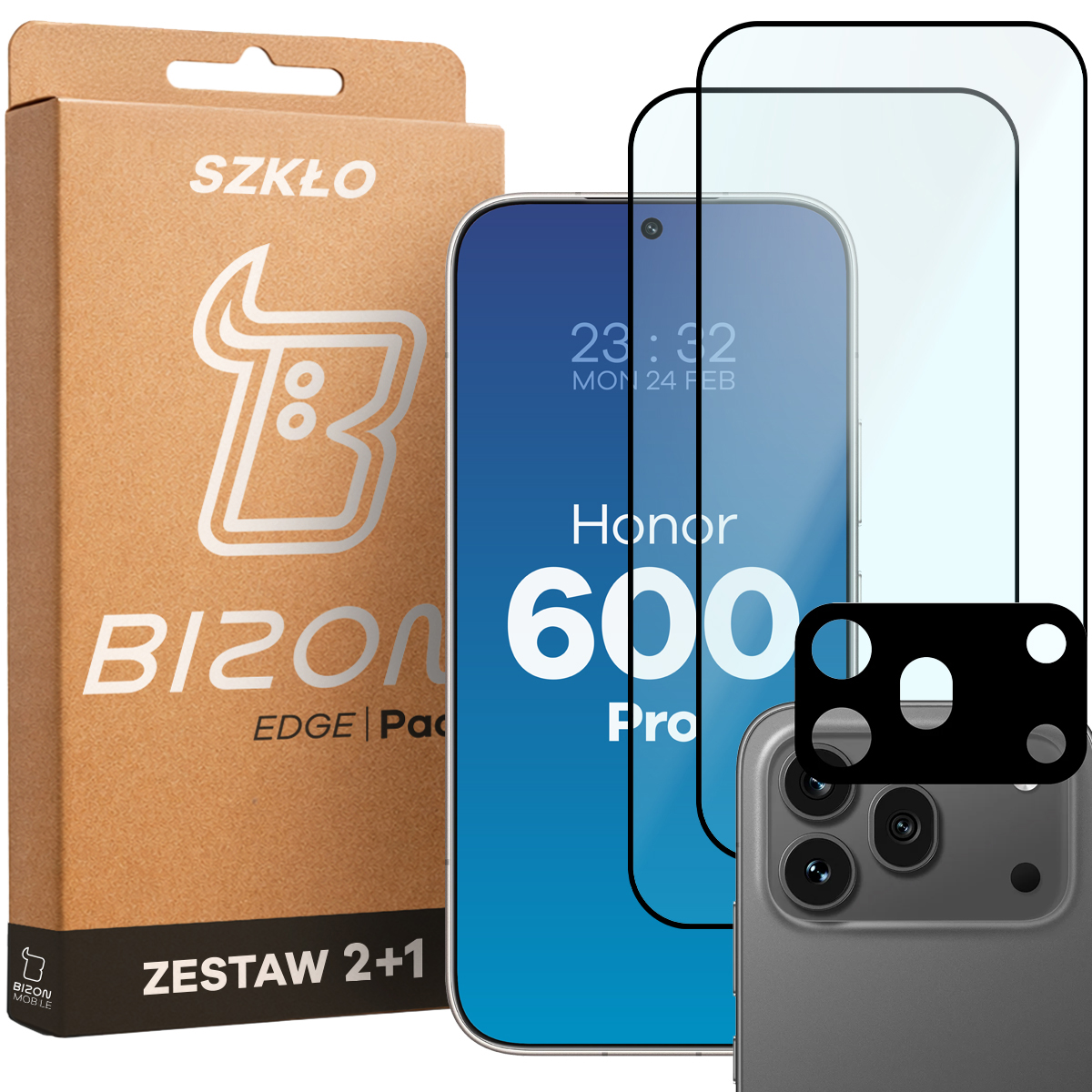 Pudełko i zestaw szkieł do Honor 600 Pro 5G: 2x szkło hartowane i lens