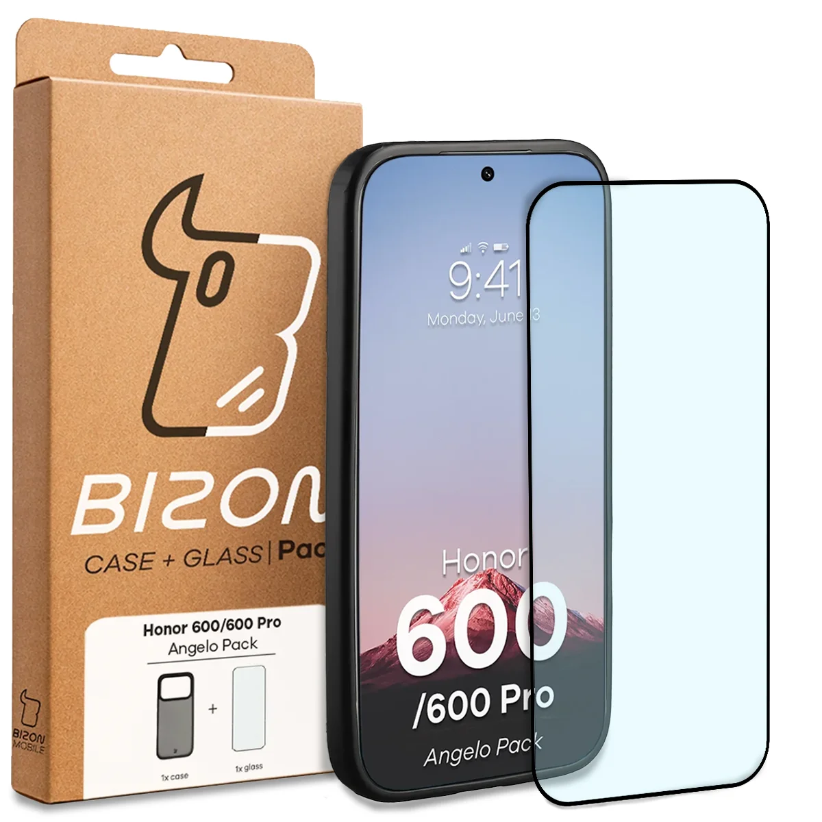 Przód pudełka Bizon Case Angelo Pack z dedykowaną etykietą do Honor 600 5G / 600 Pro 5G