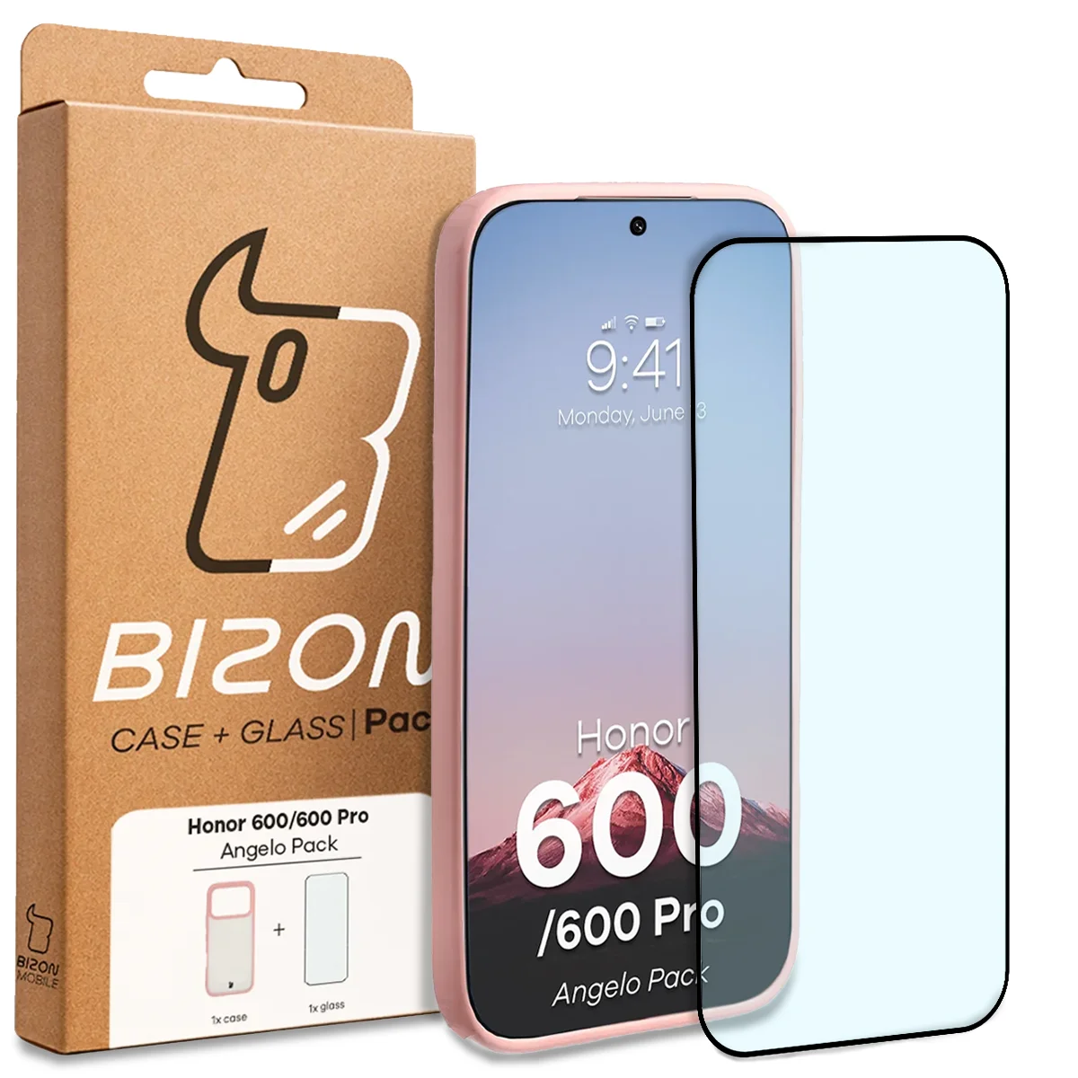 Przód pudełka Bizon Case Angelo Pack z dedykowaną etykietą do Honor 600 5G / 600 Pro 5G