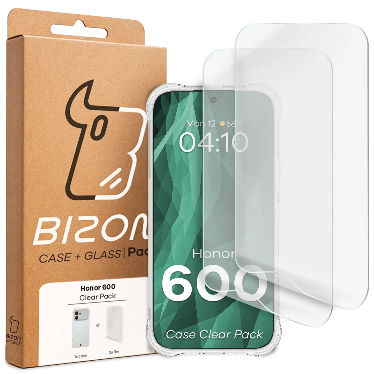 Przód pudełka Bizon Case+Glass z dedykowaną etykietą do Honor 600 5G